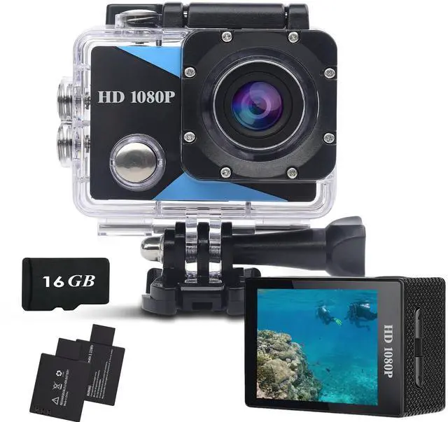Main image of Action Camera 1080P Sports Camera 16GB Memory Card Action Cam 131ft Underwater Waterproof with 2 X Batteries with Accessories Kit Suitable for Helmet, Bicycle, etc.