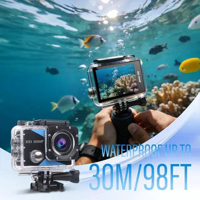 Alt view image 2 of 7 - Action Camera 1080P Sports Camera 16GB Memory Card Action Cam 131ft Underwater Waterproof with 2 X Batteries with Accessories Kit Suitable for Helmet, Bicycle, etc.