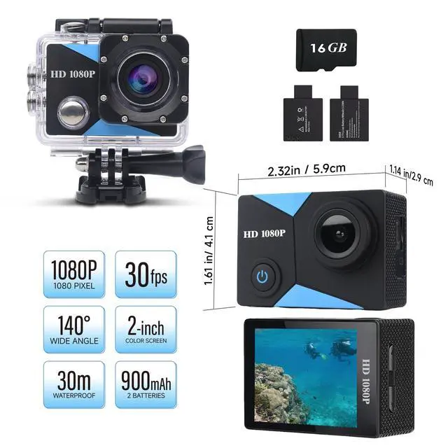 Alt view image 6 of 7 - Action Camera 1080P Sports Camera 16GB Memory Card Action Cam 131ft Underwater Waterproof with 2 X Batteries with Accessories Kit Suitable for Helmet, Bicycle, etc.
