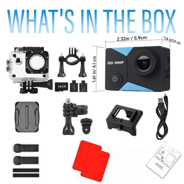 Alt view image 7 of 7 - Action Camera 1080P Sports Camera 16GB Memory Card Action Cam 131ft Underwater Waterproof with 2 X Batteries with Accessories Kit Suitable for Helmet, Bicycle, etc.