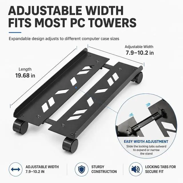 Alt view image 2 of 7 - Adjustable Computer Tower Stand, Ventilated Mobile CPU Stand Fits Most PC Tower, Steel Desktop CPU Holder with Rolling Caster Wheels, PC Floor Cart Riser for Gaming Office Desk Accessories