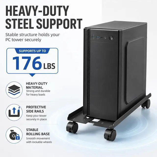 Alt view image 3 of 7 - Adjustable Computer Tower Stand, Ventilated Mobile CPU Stand Fits Most PC Tower, Steel Desktop CPU Holder with Rolling Caster Wheels, PC Floor Cart Riser for Gaming Office Desk Accessories