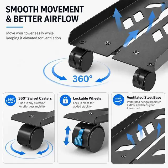 Alt view image 4 of 7 - Adjustable Computer Tower Stand, Ventilated Mobile CPU Stand Fits Most PC Tower, Steel Desktop CPU Holder with Rolling Caster Wheels, PC Floor Cart Riser for Gaming Office Desk Accessories
