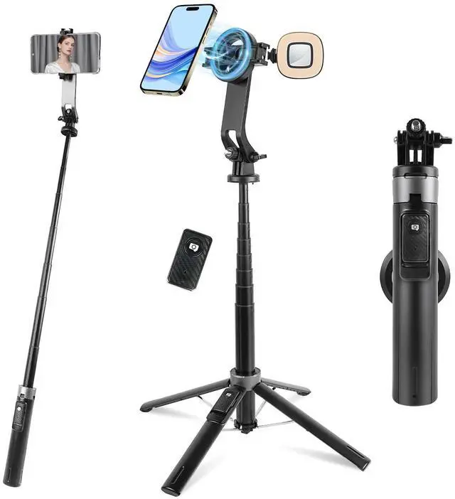 Main image of Magnetic Selfie Stick Tripod with 2 LED Lights, 52" Tripod for iPhone with Rechargeable Remote, Portable Selfie Stick Compatible with iPhone 16/15/14/13/12 Series, Gopro and Cameras