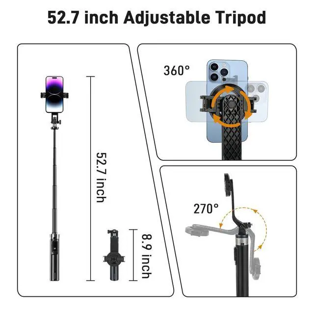 Alt view image 3 of 7 - Magnetic Selfie Stick Tripod with 2 LED Lights, 52" Tripod for iPhone with Rechargeable Remote, Portable Selfie Stick Compatible with iPhone 16/15/14/13/12 Series, Gopro and Cameras
