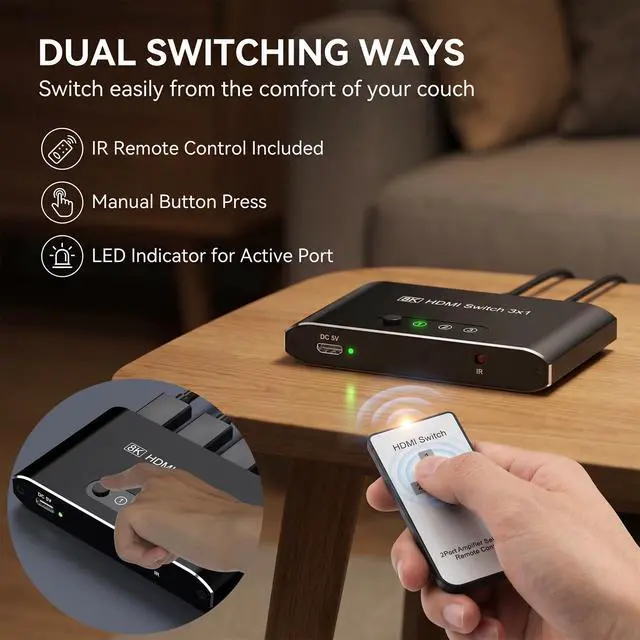 Alt view image 4 of 7 - 8K HDMI 2.1 Switch 3 in 1 Out, Aluminum HDMI Switcher with Remote & Auto Switch, Supports 4K@120Hz, HDCP 2.3, HDMI Splitter Selector Box Compatible with PS5, Apple TV, Game Consoles, Fire Stick, PC