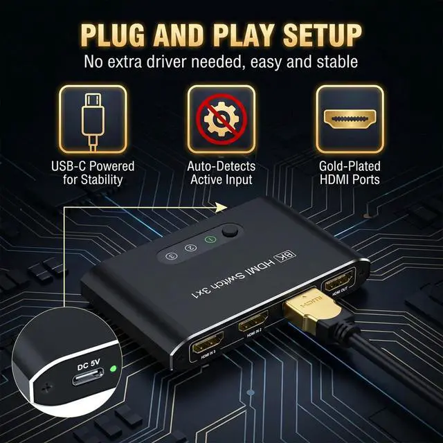 Alt view image 5 of 7 - 8K HDMI 2.1 Switch 3 in 1 Out, Aluminum HDMI Switcher with Remote & Auto Switch, Supports 4K@120Hz, HDCP 2.3, HDMI Splitter Selector Box Compatible with PS5, Apple TV, Game Consoles, Fire Stick, PC