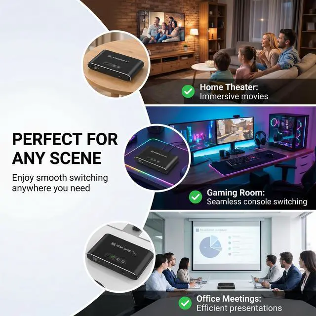 Alt view image 6 of 7 - 8K HDMI 2.1 Switch 3 in 1 Out, Aluminum HDMI Switcher with Remote & Auto Switch, Supports 4K@120Hz, HDCP 2.3, HDMI Splitter Selector Box Compatible with PS5, Apple TV, Game Consoles, Fire Stick, PC