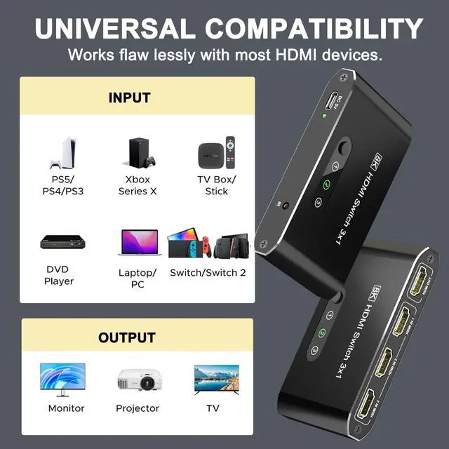 Alt view image 7 of 7 - 8K HDMI 2.1 Switch 3 in 1 Out, Aluminum HDMI Switcher with Remote & Auto Switch, Supports 4K@120Hz, HDCP 2.3, HDMI Splitter Selector Box Compatible with PS5, Apple TV, Game Consoles, Fire Stick, PC