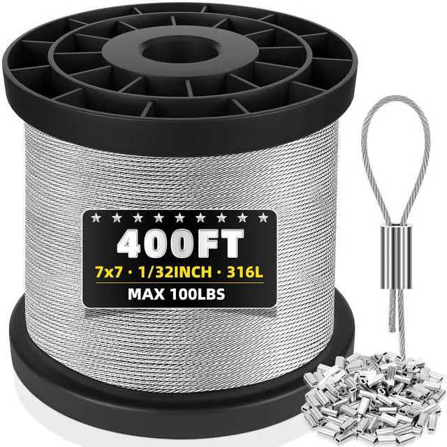 Main image of 316 Stainless Steel Cable, 400FT 1/32IN Wire Rope with 100Pcs Aluminum Sleeves Stops, for String Lights Hanging, Clotheslines, Trellis Wire
