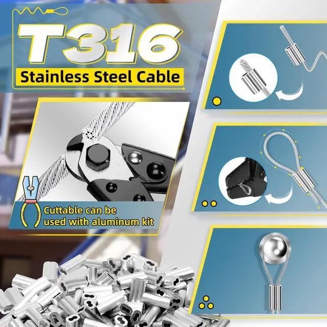 Alt view image 5 of 7 - 316 Stainless Steel Cable, 400FT 1/32IN Wire Rope with 100Pcs Aluminum Sleeves Stops, for String Lights Hanging, Clotheslines, Trellis Wire