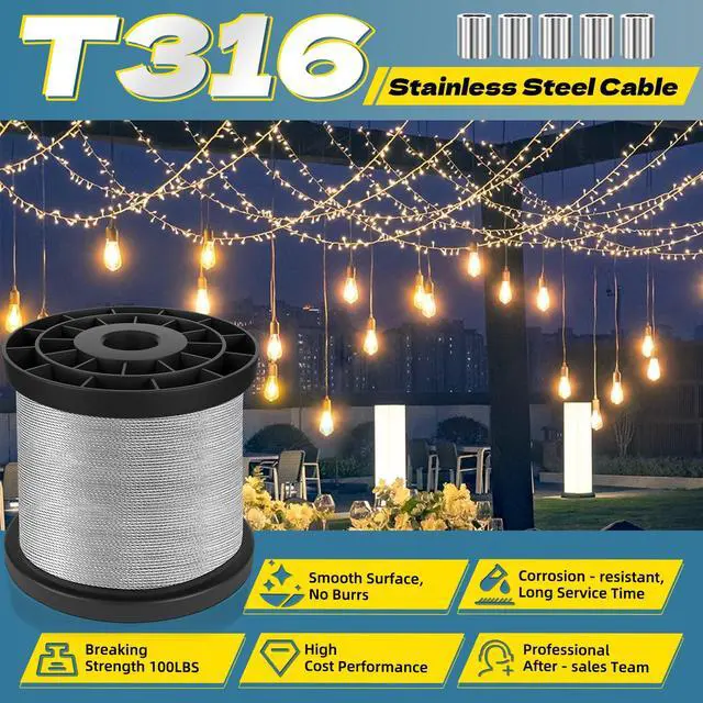 Alt view image 6 of 7 - 316 Stainless Steel Cable, 400FT 1/32IN Wire Rope with 100Pcs Aluminum Sleeves Stops, for String Lights Hanging, Clotheslines, Trellis Wire