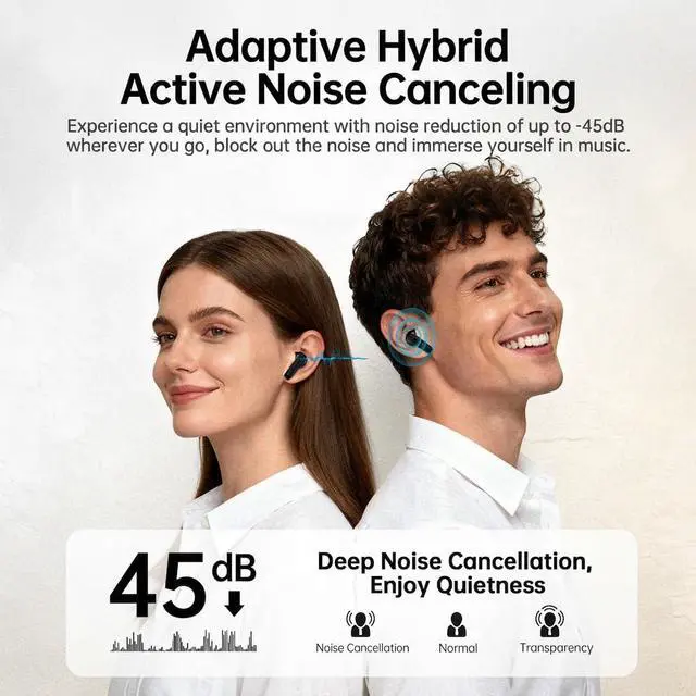 Alt view image 2 of 7 - Adaptive Hybrid Active Noise Canceling 2026 Wireless Earbuds, 6 Mics ENC Clear Call Ear Buds, Hi-Res Audio Deep Bass Bluetooth 5.4 Headphones, 40H, LED, for Sports Running Gym Workout, Black