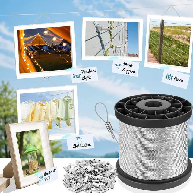 Alt view image 7 of 7 - 316 Stainless Steel Cable, 400FT 1/32IN Wire Rope with 100Pcs Aluminum Sleeves Stops, for String Lights Hanging, Clotheslines, Trellis Wire