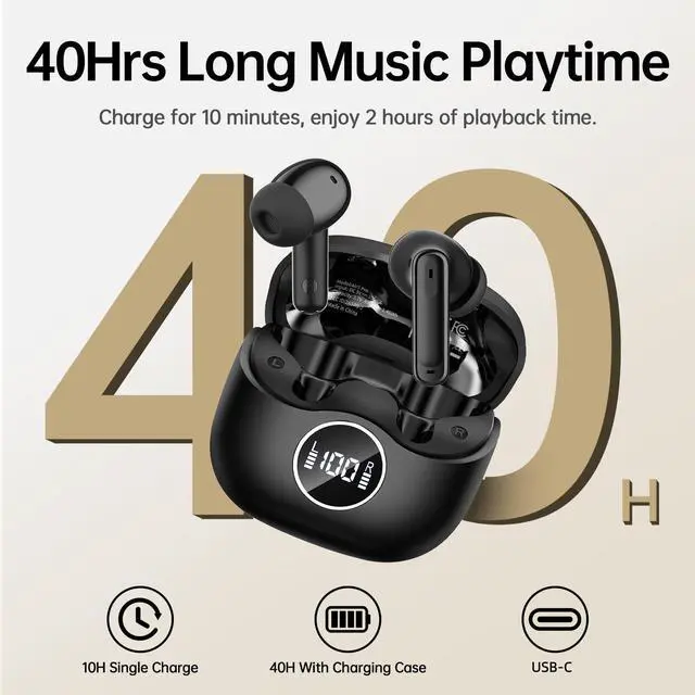 Alt view image 3 of 7 - Adaptive Hybrid Active Noise Canceling 2026 Wireless Earbuds, 6 Mics ENC Clear Call Ear Buds, Hi-Res Audio Deep Bass Bluetooth 5.4 Headphones, 40H, LED, for Sports Running Gym Workout, Black
