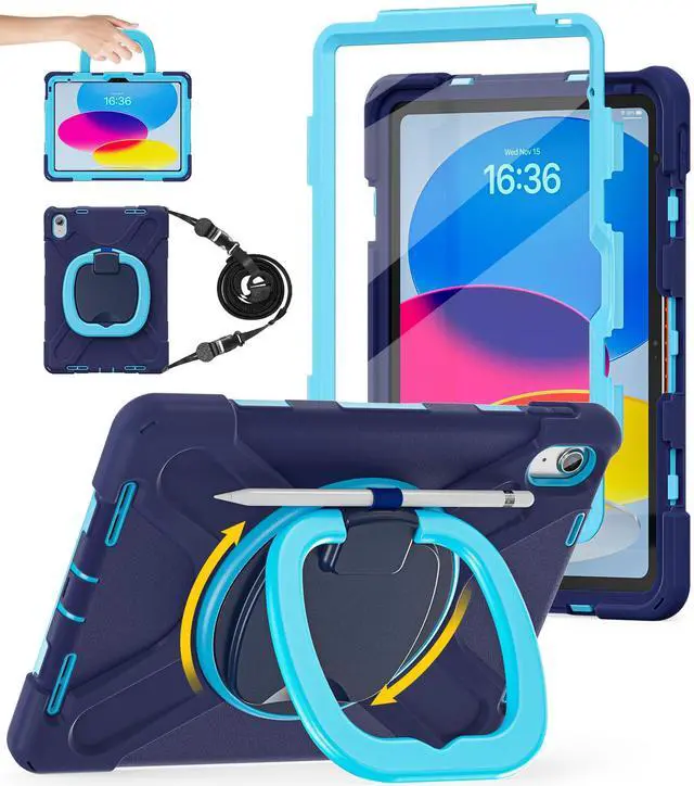 Main image of Case for iPad (A16) 11th/10th Gen 11''/10.9'' 2025/2022 - Heavy Duty Shockproof Cover with 360° Rotating & 180° Folding Stand, Screen Protector, Shoulder Strap & Pencil Holder | NavyBlue