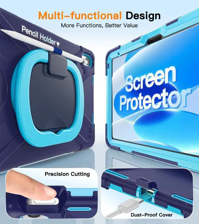 Alt view image 7 of 7 - Case for iPad (A16) 11th/10th Gen 11''/10.9'' 2025/2022 - Heavy Duty Shockproof Cover with 360° Rotating & 180° Folding Stand, Screen Protector, Shoulder Strap & Pencil Holder | NavyBlue