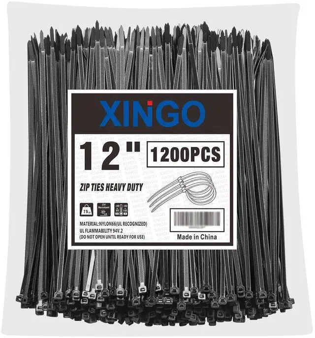 Main image of 12 Inch Black Zip Ties 1200 PCS, 75 LBS Tensile Strength, UV Resistant Cable Ties, Premium Self-locking Plastic Ties for Indoor and Outdoor Use