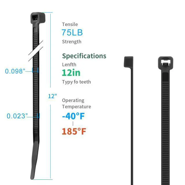 Alt view image 2 of 7 - 12 Inch Black Zip Ties 1200 PCS, 75 LBS Tensile Strength, UV Resistant Cable Ties, Premium Self-locking Plastic Ties for Indoor and Outdoor Use