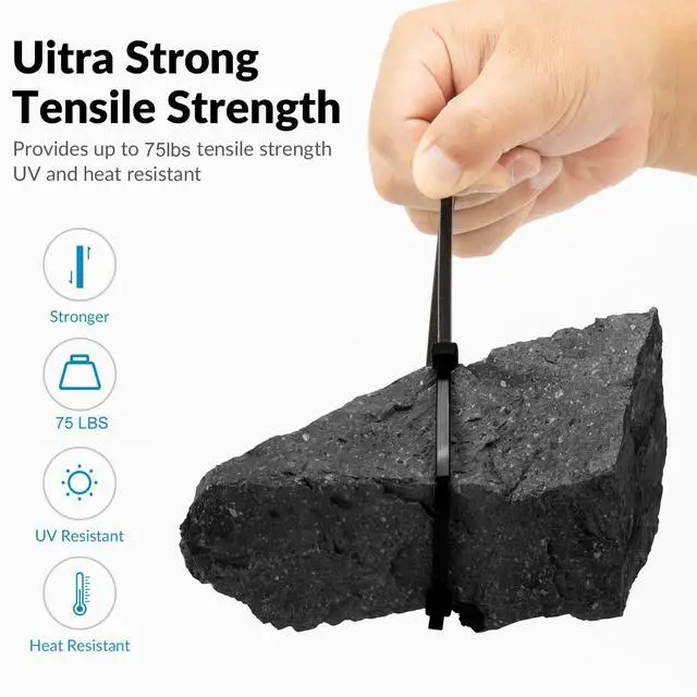 Alt view image 4 of 7 - 12 Inch Black Zip Ties 1200 PCS, 75 LBS Tensile Strength, UV Resistant Cable Ties, Premium Self-locking Plastic Ties for Indoor and Outdoor Use