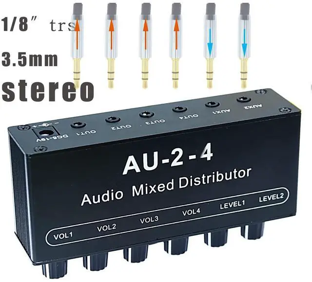 Alt view image 5 of 5 - 1/8" aux Input Mixing 2 in 4 Channel Way Out Headset Box Headphone Amplifier 3.5mm Mixer 1/8 inch Stereo Audio Amp with Ultra-Compact Portable mini Jack 3.5 Splitter hup for Studio and Stage