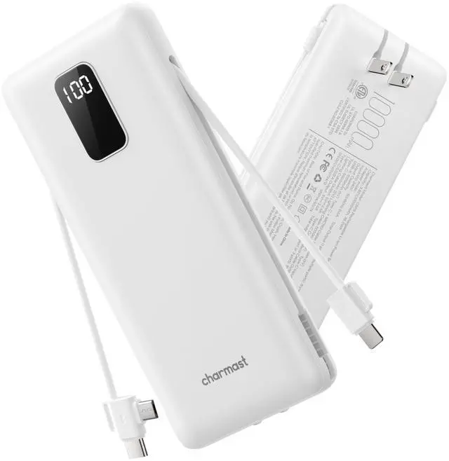 Main image of Power Bank 10000mAh Portable Charger with AC Plug and Built-in Cables for iOS and Type-C - Compact Battery Pack Travel Essentials External Phone Charger for iPhone 17 16 15 14, Samsung, iPad