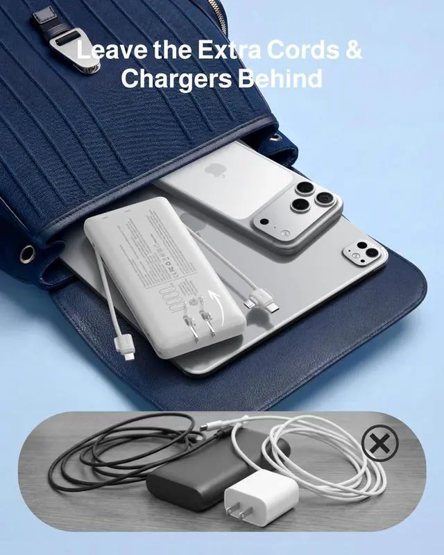 Alt view image 3 of 7 - Power Bank 10000mAh Portable Charger with AC Plug and Built-in Cables for iOS and Type-C - Compact Battery Pack Travel Essentials External Phone Charger for iPhone 17 16 15 14, Samsung, iPad