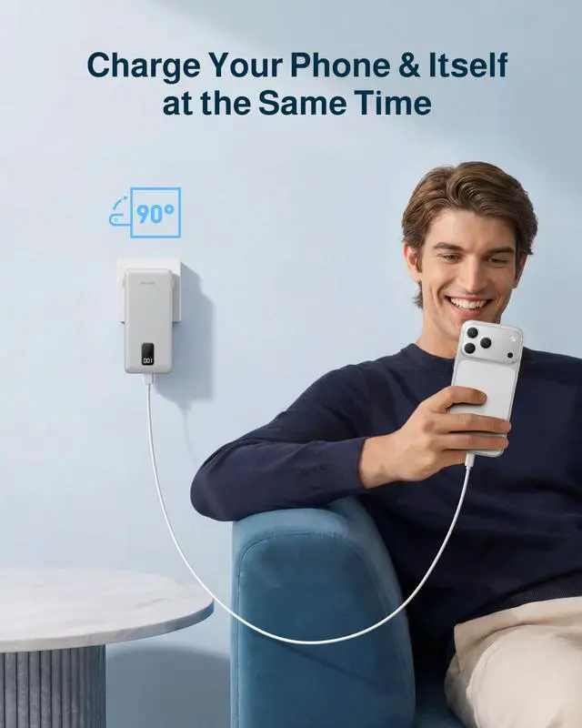 Alt view image 2 of 7 - Power Bank 10000mAh Portable Charger with AC Plug and Built-in Cables for iOS and Type-C - Compact Battery Pack Travel Essentials External Phone Charger for iPhone 17 16 15 14, Samsung, iPad