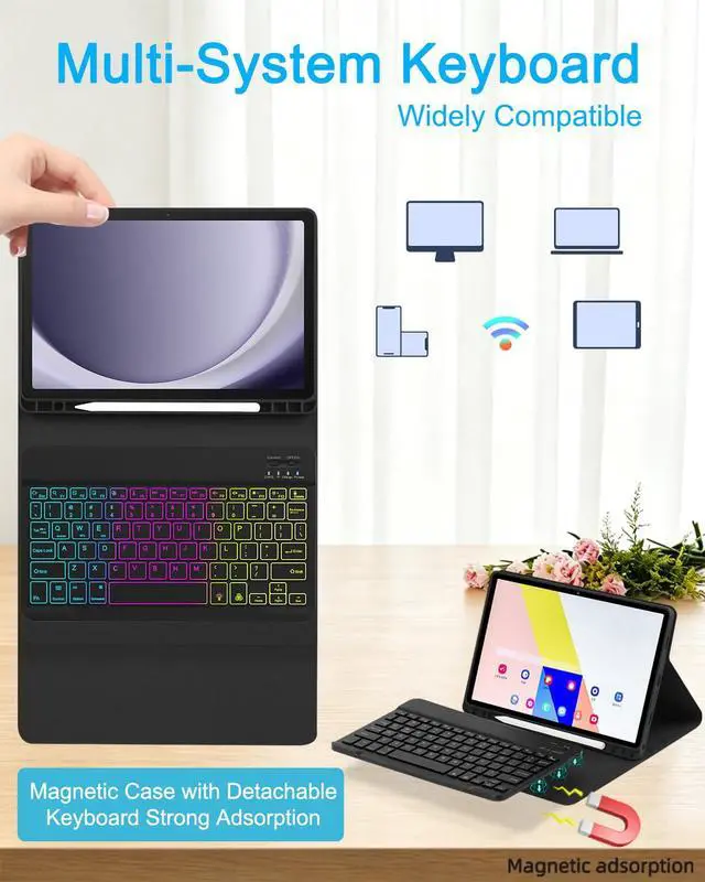 Alt view image 7 of 7 - Case with Keyboard Mouse for Samsung Galaxy Tab A11 Plus/A9 Plus 2025/2023 11 inch,7 Color Rainbow Backlight Detachable USB-C Keypad Magnetic Case with Pen Slot for Tablet A11+ A9+ 5G Black