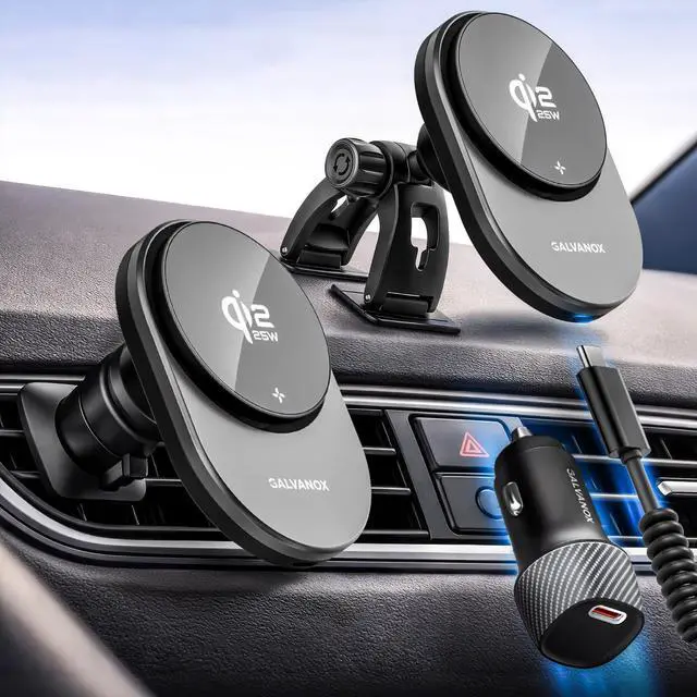Main image of Magnetic Wireless Car Charger Mount for Samsung Galaxy Phones, Qi2.2 25W Fast Charging (Compatible with MagSafe), Dual-Arm Adjustable Dashboard Mount with 45W USB-C Adapter