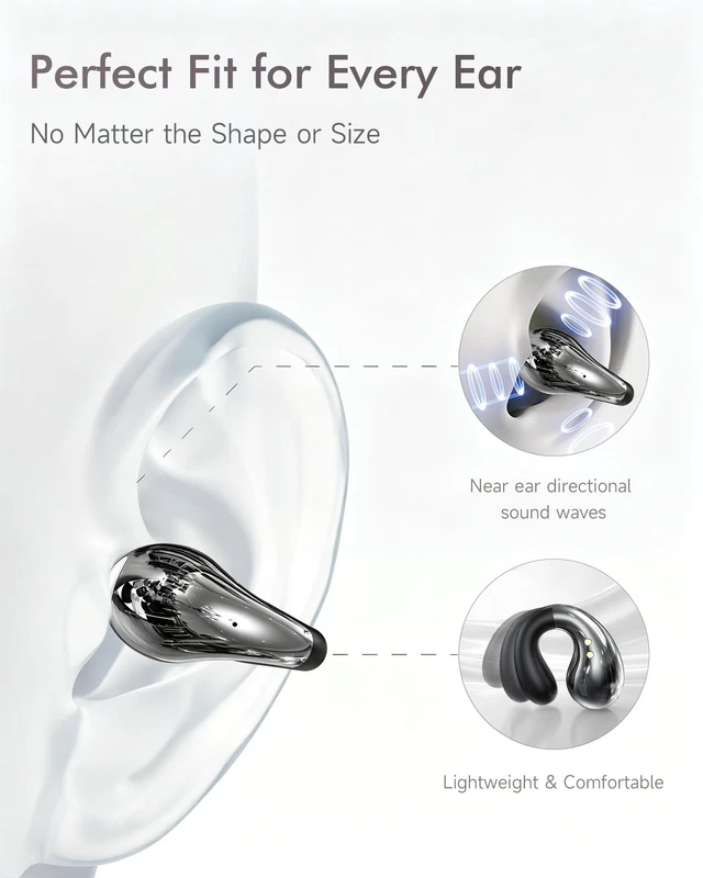 Alt view image 5 of 7 - Upgraded Clip-on Ear Earbuds, Bluetooth 6.1 Wireless Open Ear Headphones, Comfortable Fit with Crystal Clear Sound, 50-Hour Battery Life, Open-Ear Wireless Headphones for Gym & Outdoor Sports, Black