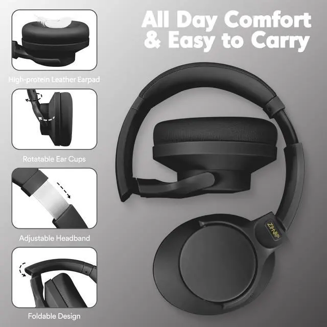 Alt view image 5 of 6 - Active Noise Cancelling Headphones, 60H Playtime Wireless Bluetooth Headset Low Latency-Black