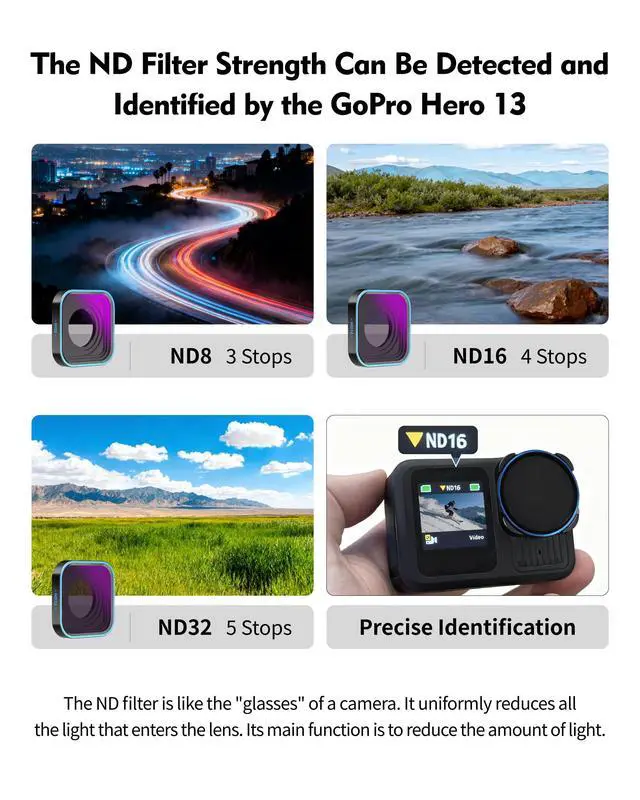 Alt view image 4 of 6 - 4 Pack ND Filters Kit ND8 ND16 ND32 + CPL Lens Filter Compatible with GoPro Hero 13/12/11/10/9 Black, Multi-Coated HD Optical Glass Neutral Density & Polarizer Filter Set for Action Cameras