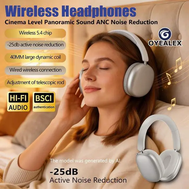 Alt view image 2 of 6 - Active Noise Cancelling Headphones Over Ear Bluetooth Knob Button Black