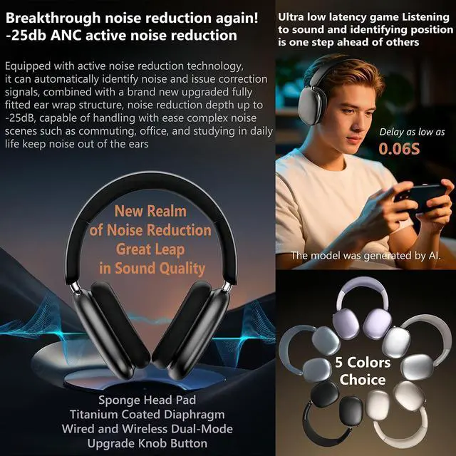 Alt view image 5 of 6 - Active Noise Cancelling Headphones Over Ear Bluetooth Knob Button Black