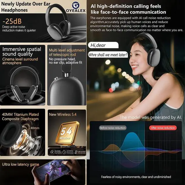 Alt view image 6 of 6 - Active Noise Cancelling Headphones Over Ear Bluetooth Knob Button Black