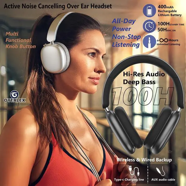 Alt view image 4 of 6 - Active Noise Cancelling Headphones Over Ear Bluetooth Knob Button Black