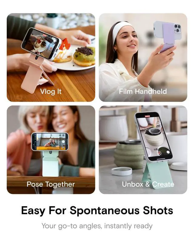 Alt view image 4 of 7 - Phone Tripod Stand Selfie Stick for iPhone, Multi-Angles iPhone Stand, Lightweight & Portable Phone Holder, Strong Magnets, MOVAS Vegan Leather, Travel Essentials, Peony (Without Card Slot)