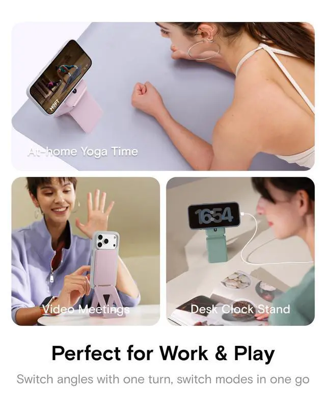 Alt view image 5 of 7 - Phone Tripod Stand Selfie Stick for iPhone, Multi-Angles iPhone Stand, Lightweight & Portable Phone Holder, Strong Magnets, MOVAS Vegan Leather, Travel Essentials, Peony (Without Card Slot)