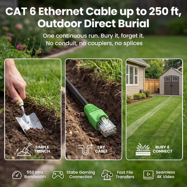 Alt view image 2 of 7 - Cat6 Ethernet Cable 150ft, Outdoor Direct Burial Cat 6 Cable 24AWG High Speed Up to 10Gbps, LLDPE (PE) UV-Resistant Waterproof Jacket, CCA RJ45 Network Internet Cable for Router- Black