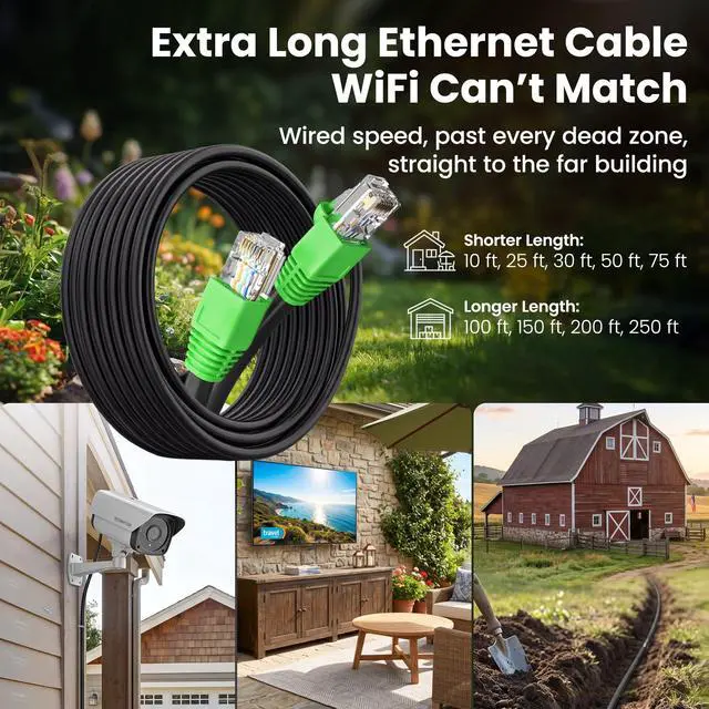 Alt view image 3 of 7 - Cat6 Ethernet Cable 150ft, Outdoor Direct Burial Cat 6 Cable 24AWG High Speed Up to 10Gbps, LLDPE (PE) UV-Resistant Waterproof Jacket, CCA RJ45 Network Internet Cable for Router- Black
