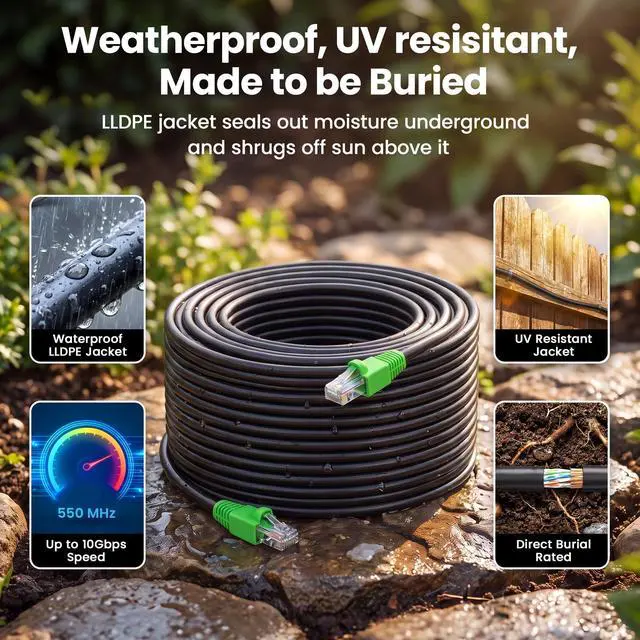 Alt view image 5 of 7 - Cat6 Ethernet Cable 150ft, Outdoor Direct Burial Cat 6 Cable 24AWG High Speed Up to 10Gbps, LLDPE (PE) UV-Resistant Waterproof Jacket, CCA RJ45 Network Internet Cable for Router- Black