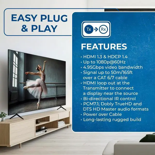 Alt view image 7 of 7 - HDMI Extender over Cat6 165ft - 1080p@60Hz, Two-way IR, Loop out, PoC
