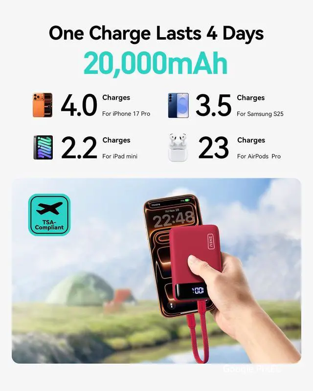 Alt view image 2 of 7 - Smallest 20000mAh Power Bank, 22.5W PD Fast Charging Portable Charger with Detachable Cable, Flight-Safe Battery Pack with LED Display for Travel Xiaomi iPhone Samsung Google, Mini Size, Red