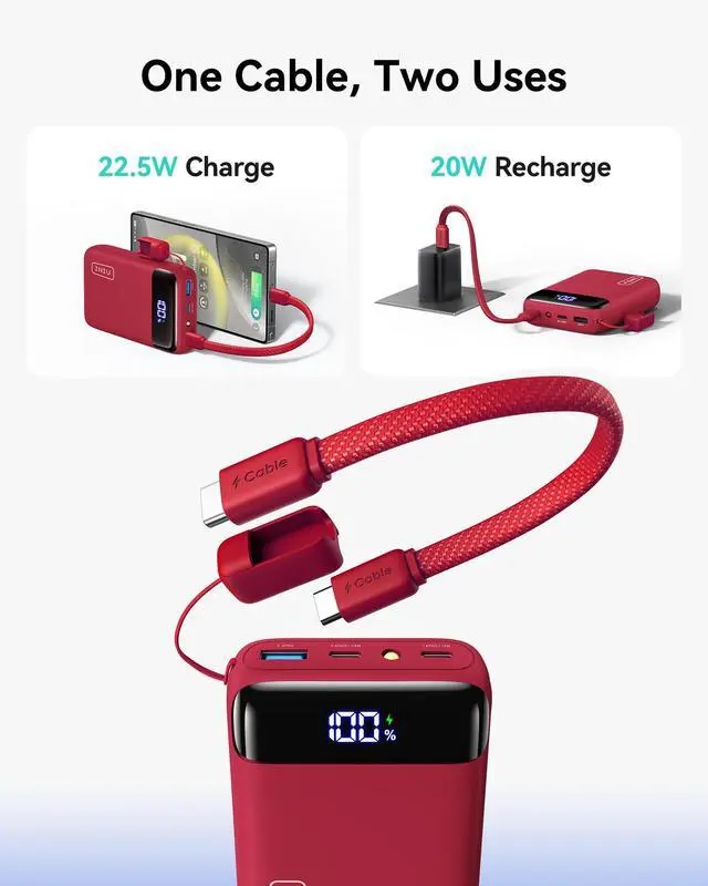 Alt view image 6 of 7 - Smallest 20000mAh Power Bank, 22.5W PD Fast Charging Portable Charger with Detachable Cable, Flight-Safe Battery Pack with LED Display for Travel Xiaomi iPhone Samsung Google, Mini Size, Red