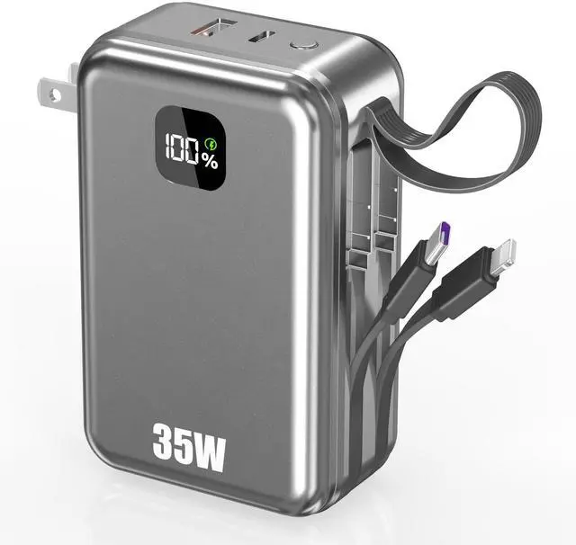 Main image of 27000mAh Portable Charger with Wall Plug, 35W Fast Charging Power Bank Built-in Cables,4 Ports TSA-Approved Travel Essentials Charging Battery Bank (Space Gray)