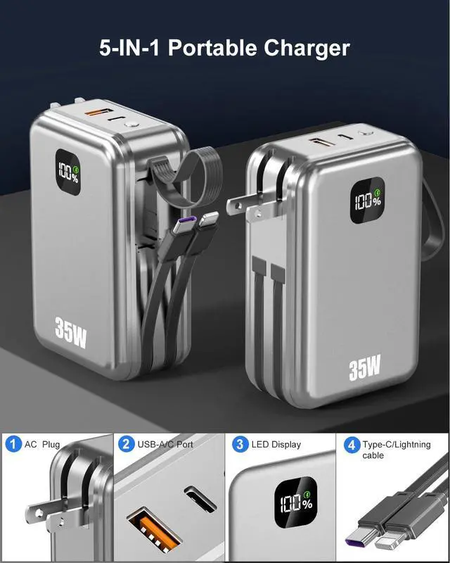 Alt view image 2 of 7 - 27000mAh Portable Charger with Wall Plug, 35W Fast Charging Power Bank Built-in Cables,4 Ports TSA-Approved Travel Essentials Charging Battery Bank (Space Gray)