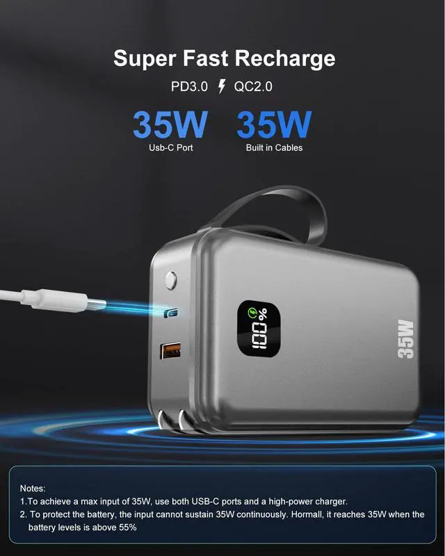 Alt view image 4 of 7 - 27000mAh Portable Charger with Wall Plug, 35W Fast Charging Power Bank Built-in Cables,4 Ports TSA-Approved Travel Essentials Charging Battery Bank (Space Gray)