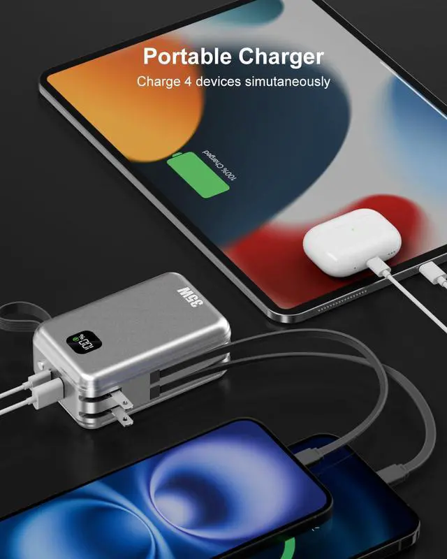 Alt view image 5 of 7 - 27000mAh Portable Charger with Wall Plug, 35W Fast Charging Power Bank Built-in Cables,4 Ports TSA-Approved Travel Essentials Charging Battery Bank (Space Gray)