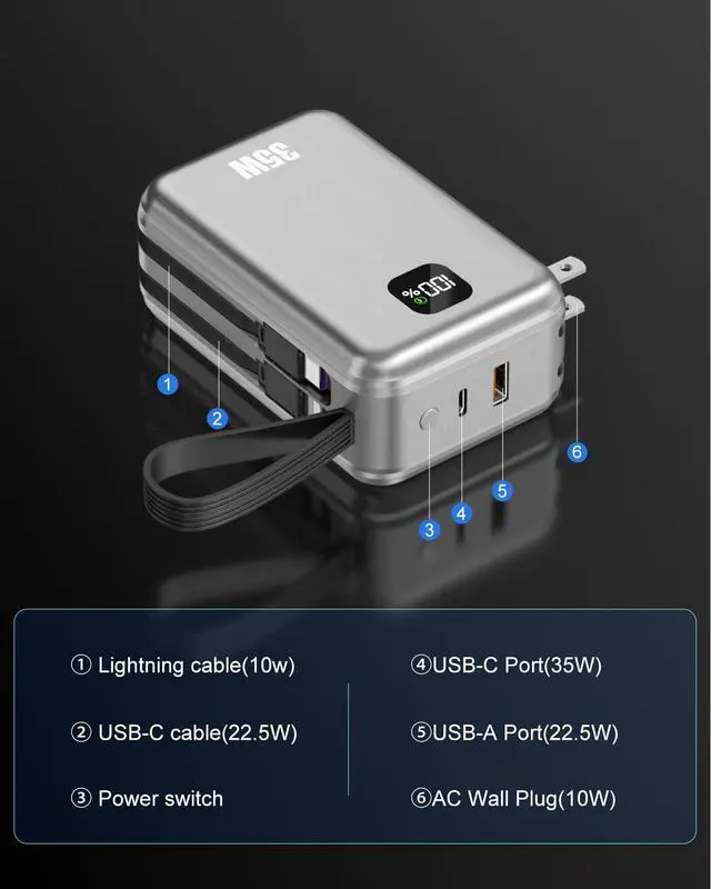 Alt view image 7 of 7 - 27000mAh Portable Charger with Wall Plug, 35W Fast Charging Power Bank Built-in Cables,4 Ports TSA-Approved Travel Essentials Charging Battery Bank (Space Gray)